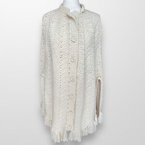 Vintage Handmade Chunky Cable Knit Poncho O/S Cream Fringe‎ Cottagecore Boho